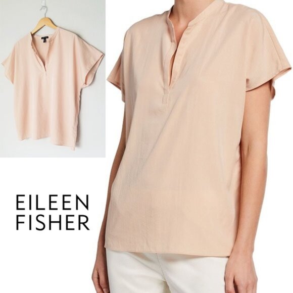 Eileen Fisher Mandarin Collar Top M Dune Tencel Blend Lightweight Lagenlook $198 - Picture 1 of 16